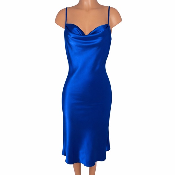 Vintage Bebe Satin Cowl Neck Slip Midi Dress Royal Blue Size S NWT - Picture 4 of 12